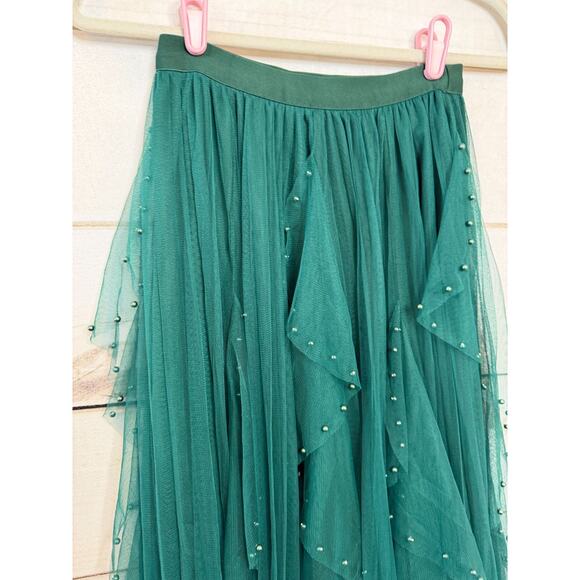 Nikki Lund Green Midi Skirt Tulle Pearls Sz XS Perf For Holiday Party - Picture 6 of 6